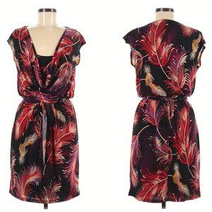 Sangria Cowl Neck Dress Front-Tie Multicolor Feather Print
